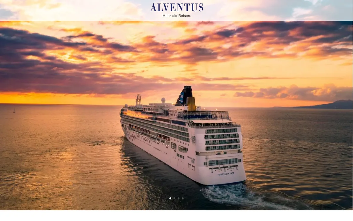Página de inicio de ALVENTUS con un crucero al atardecer