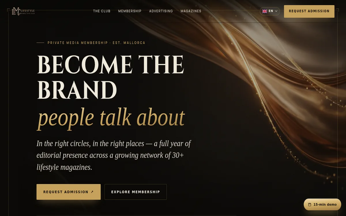 Página de inicio del Lifestyle Marketing Club con el lema Become the Brand